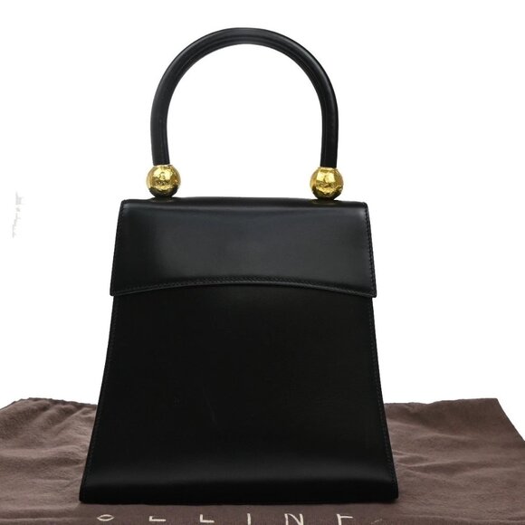 CELINE Logo Double Star Ball Shoulder Hand Bag Leather Black GHW Italy 74KA699 - Picture 1 of 16